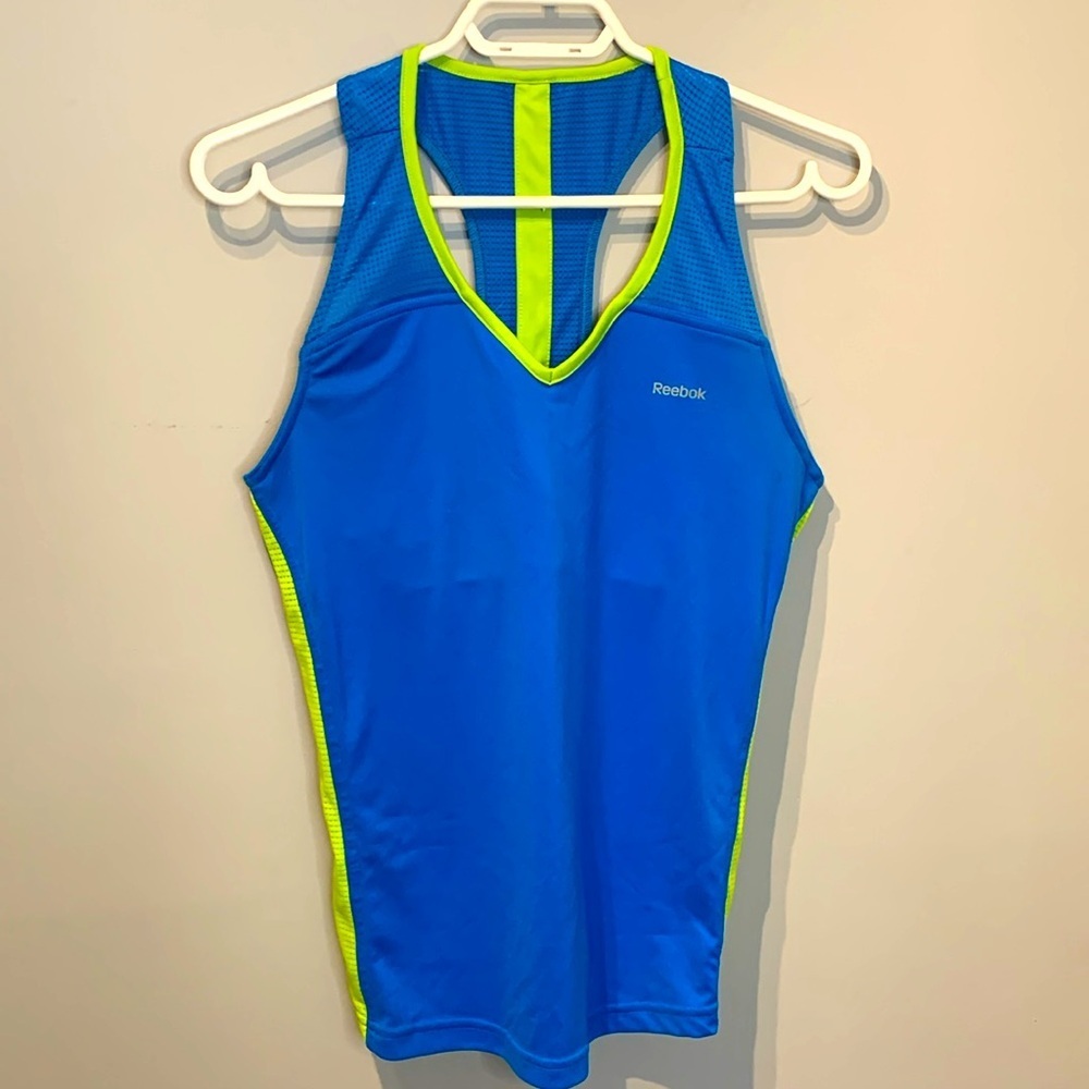 ⭐️ 5 for 20$! ⭐️ Reebok Racerback Bright Blue and Lime Green Athletic Tank Top - Picture 2 of 5